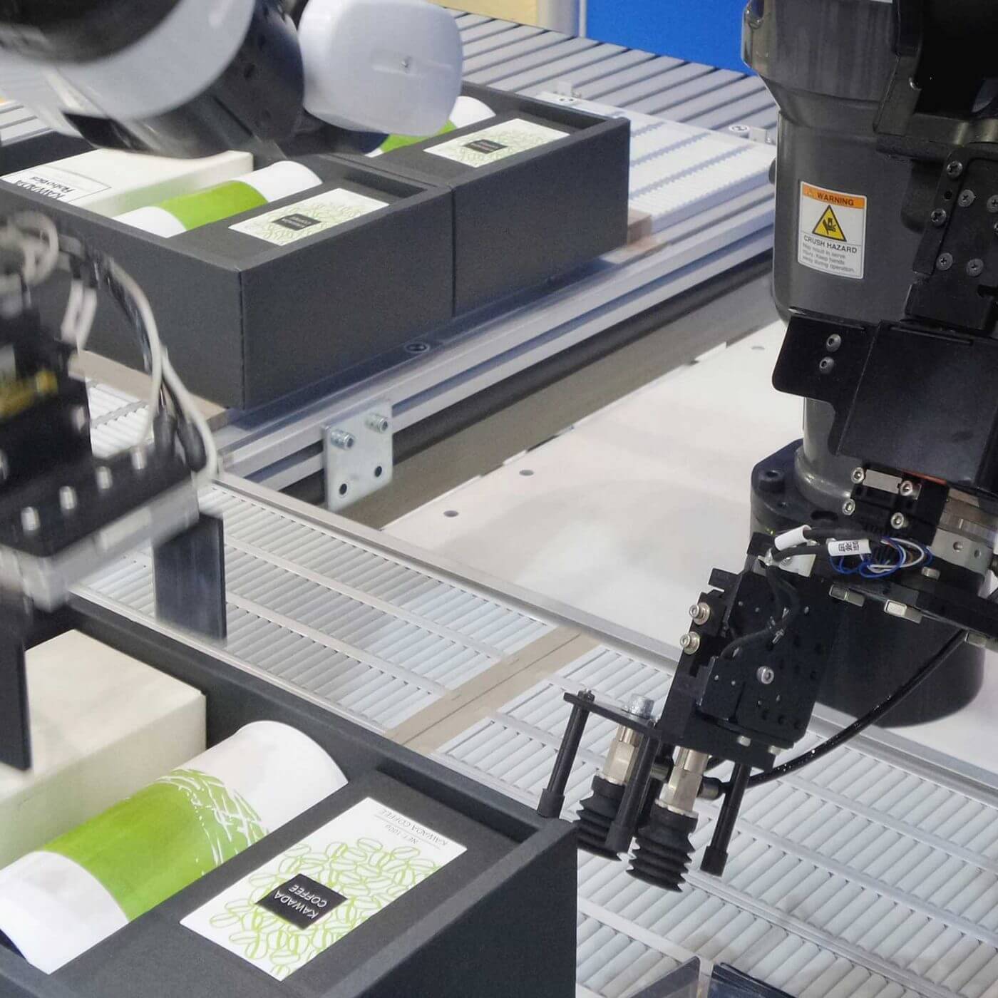 Products going down a manufacturing line.